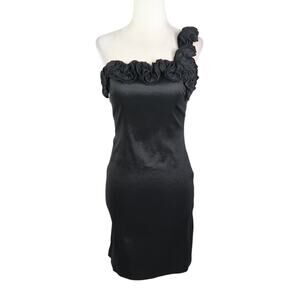 Vintage 90s Snap Black One Shoulder Ruffle Trim Mini Bodycon Party Dress XS